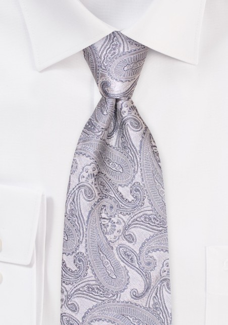 Fine Silk Paisley Tie in Bright Silver