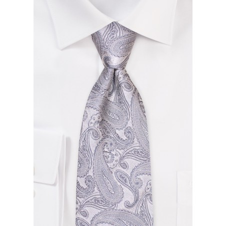 Fine Silk Paisley Tie in Bright Silver