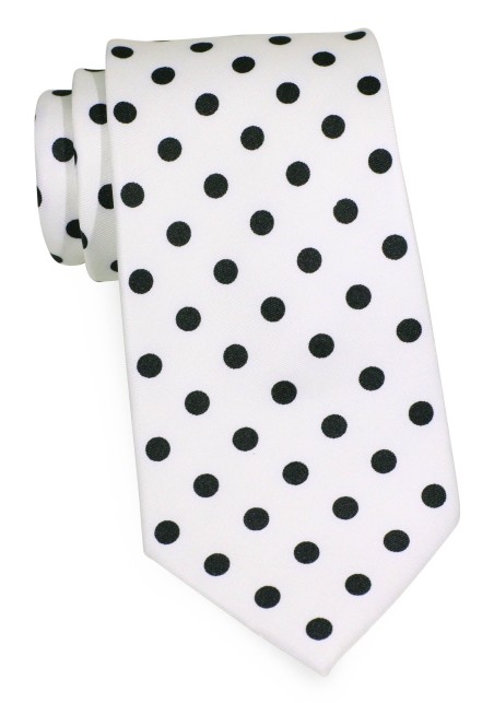 White Mens Tie with Jet Black Polka Dots