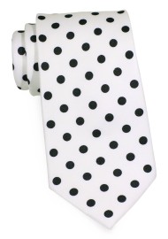White Mens Tie with Jet Black Polka Dots