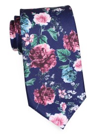 Rose Print Necktie | Navy Mens Tie with Rose Flower Print