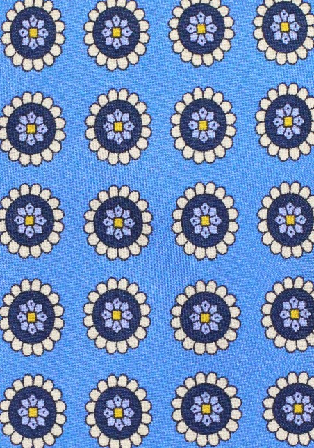 Medallion Print Silk Tie in Blue and Cream