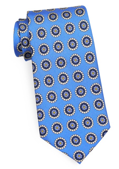 Medallion Print Silk Tie in Blue and Cream