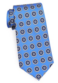 Medallion Print Silk Tie in Blue and Cream