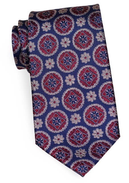 Navy and Wine Medallion Silk Tie | Silk Necktie in Navy Blue with Wine Red Medallions