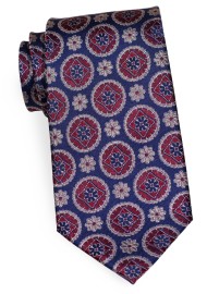 Navy and Wine Medallion Silk Tie | Silk Necktie in Navy Blue with Wine Red Medallions