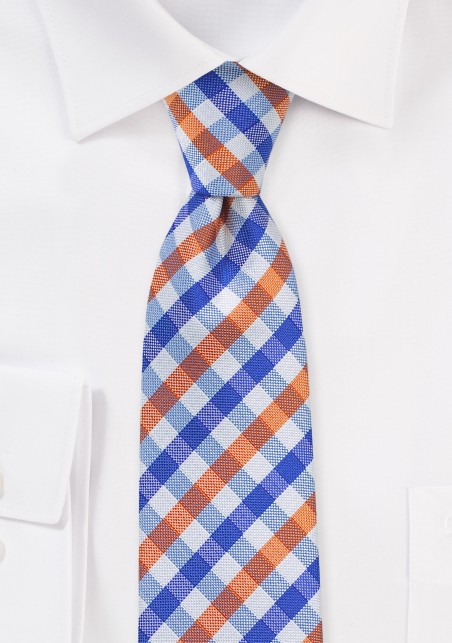 Skinny Gingham Silk Tie in Blue and Orange