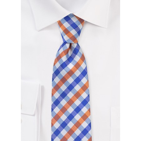 Skinny Gingham Silk Tie in Blue and Orange