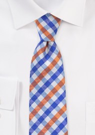 Skinny Gingham Silk Tie in Blue and Orange