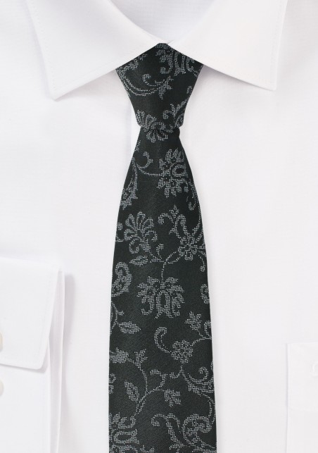 Black Skinny Tie with Floral Design