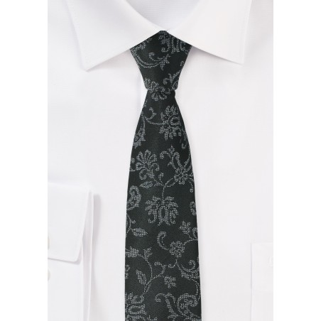 Black Skinny Tie with Floral Design