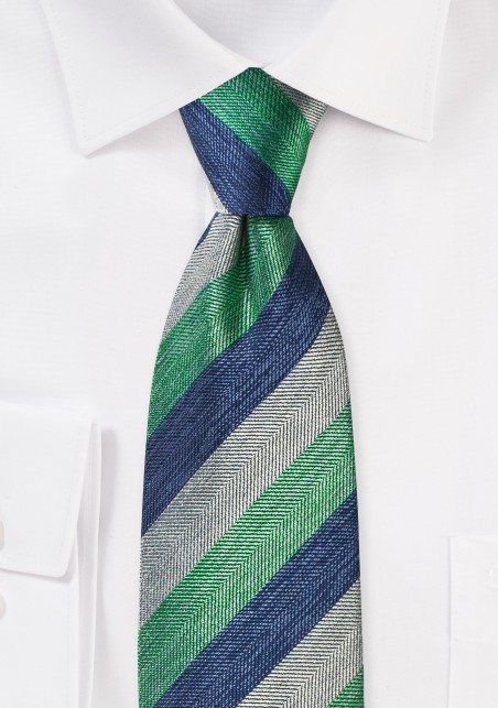 Silk Necktie with Stripes in Mint, Blue, and Gray