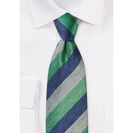 Silk Necktie with Stripes in Mint, Blue, and Gray