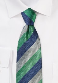 Silk Necktie with Stripes in Mint, Blue, and Gray