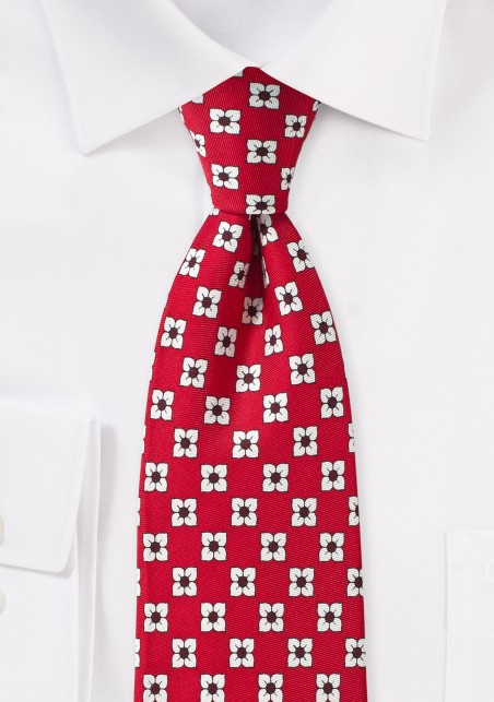Flower Print Silk Tie in Bright Red