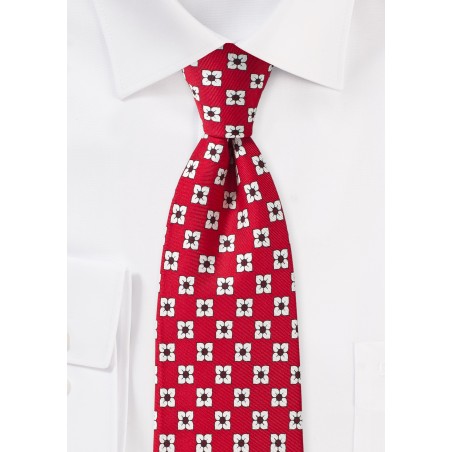 Flower Print Silk Tie in Bright Red
