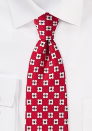 Flower Print Silk Tie in Bright Red