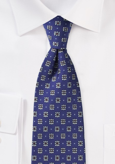 Blue Designer Tie with Silver and Red Blossoms