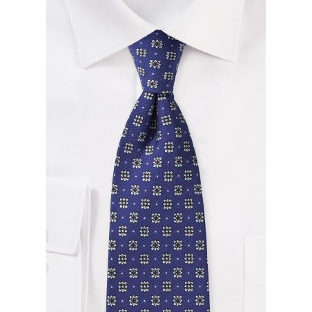 Blue Designer Tie with Silver and Red Blossoms