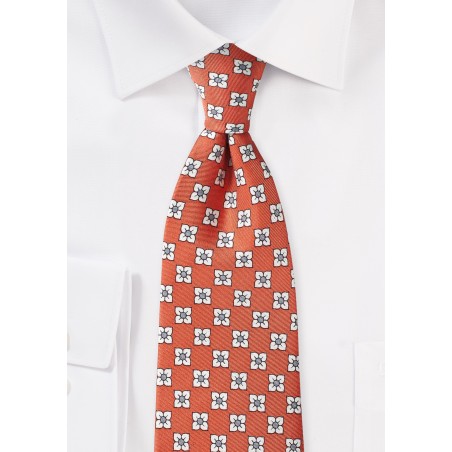 Coral Silk Tie with White Flowers