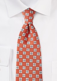 Coral Silk Tie with White Flowers