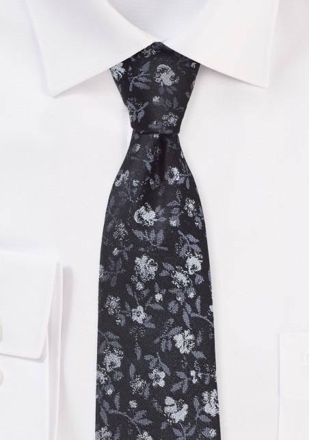 Trendy Skinny Floral Tie in Gray, Silver and Charcoal