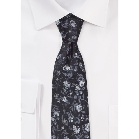 Trendy Skinny Floral Tie in Gray, Silver and Charcoal