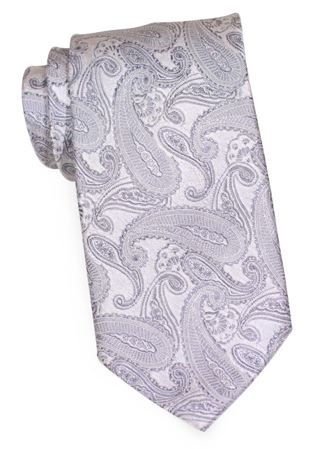 Fine Silk Paisley Tie in Bright Silver