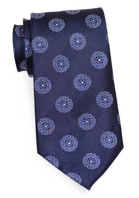 Woven Medallion Silk Tie in Navy | Blue Silk Tie with Embroidered Medallions