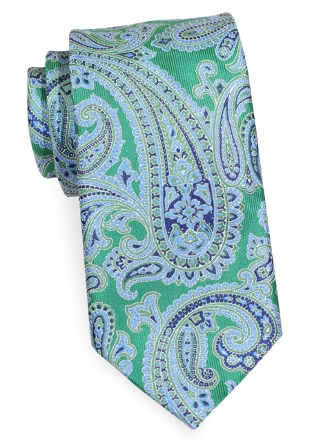 Kelly Green Tie with Large Paisleys in Light Blue