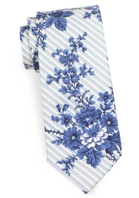Striped Floral Necktie | Flower Print Necktie with Stripes in Blue