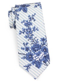 Striped Floral Necktie | Flower Print Necktie with Stripes in Blue