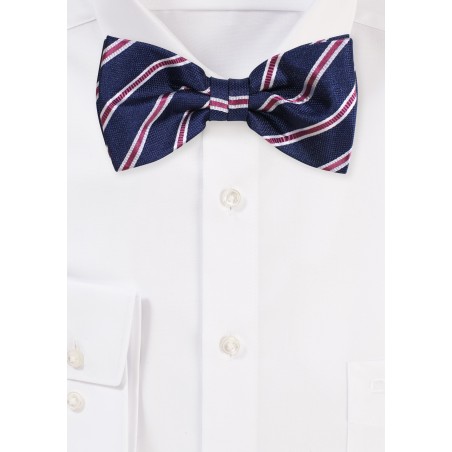 Matte Woven Bow Tie in Navy and Burgundy Stripe