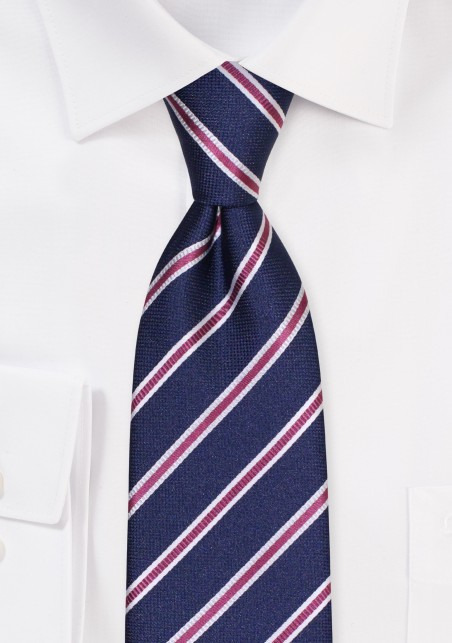 XL Textured Striped Tie in Dark Navy | Extra Long Tie in Navy, Burgundy, and White