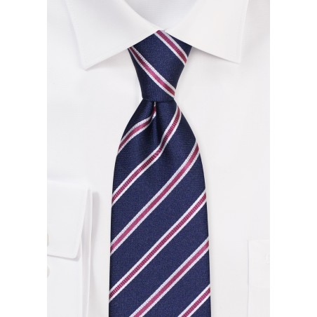 XL Textured Striped Tie in Dark Navy | Extra Long Tie in Navy, Burgundy, and White
