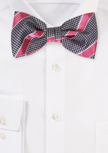 Gray and Pink Micro Check and Striped Bow Tie