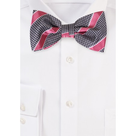 Gray and Pink Micro Check and Striped Bow Tie
