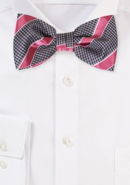 Gray and Pink Micro Check and Striped Bow Tie