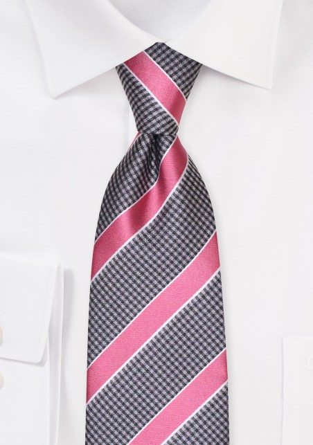Gray Micro Check Tie with Bright Pink Stripes