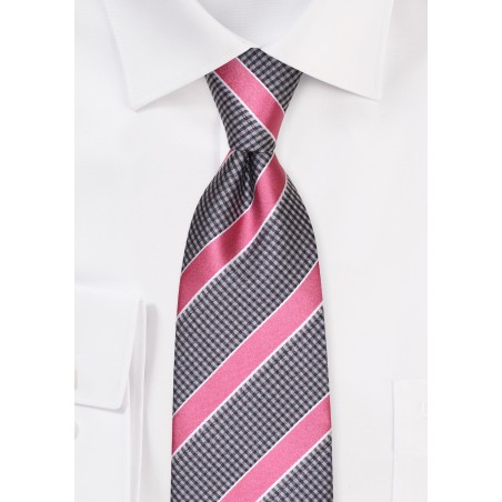 Extra Long Striped Houndstooth Check Tie in Pink and Gray
