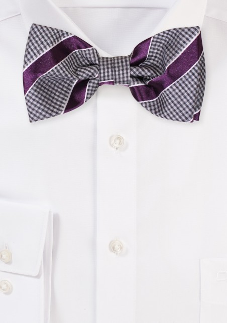 Gray and Navy Micro Check and Striped Bow Tie