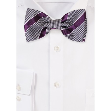 Gray and Navy Micro Check and Striped Bow Tie