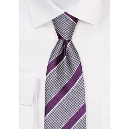 XL Necktie - Gray Micro Check Tie with Classic Navy Stripes in Extra Long