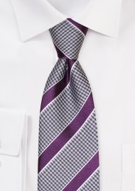 XL Necktie - Gray Micro Check Tie with Classic Navy Stripes in Extra Long