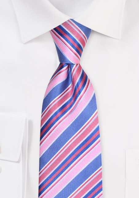 Extra Long Striped Tie in Shades of Blue and Pink