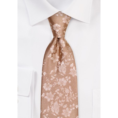 Antique Gold Mens Tie with Embroidered Flowers in Extra Long Length