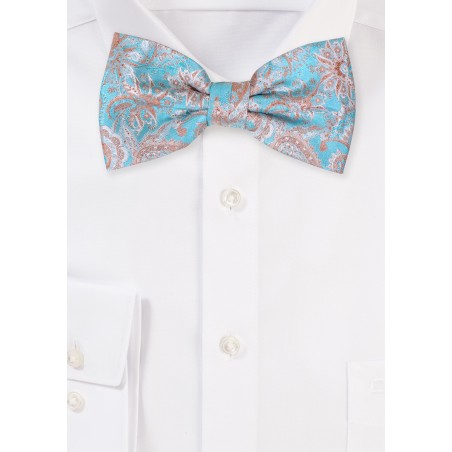 Aqua Blue and Golden Paisley Bow Tie