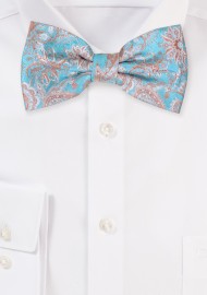Aqua Blue and Golden Paisley Bow Tie