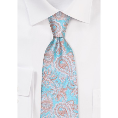Woven Paisley Necktie in Aqua and Gold