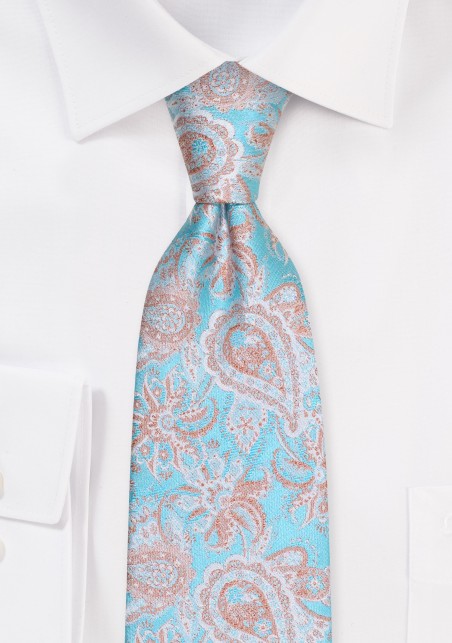 Extra Long Paisley Tie in Aqua and Gold